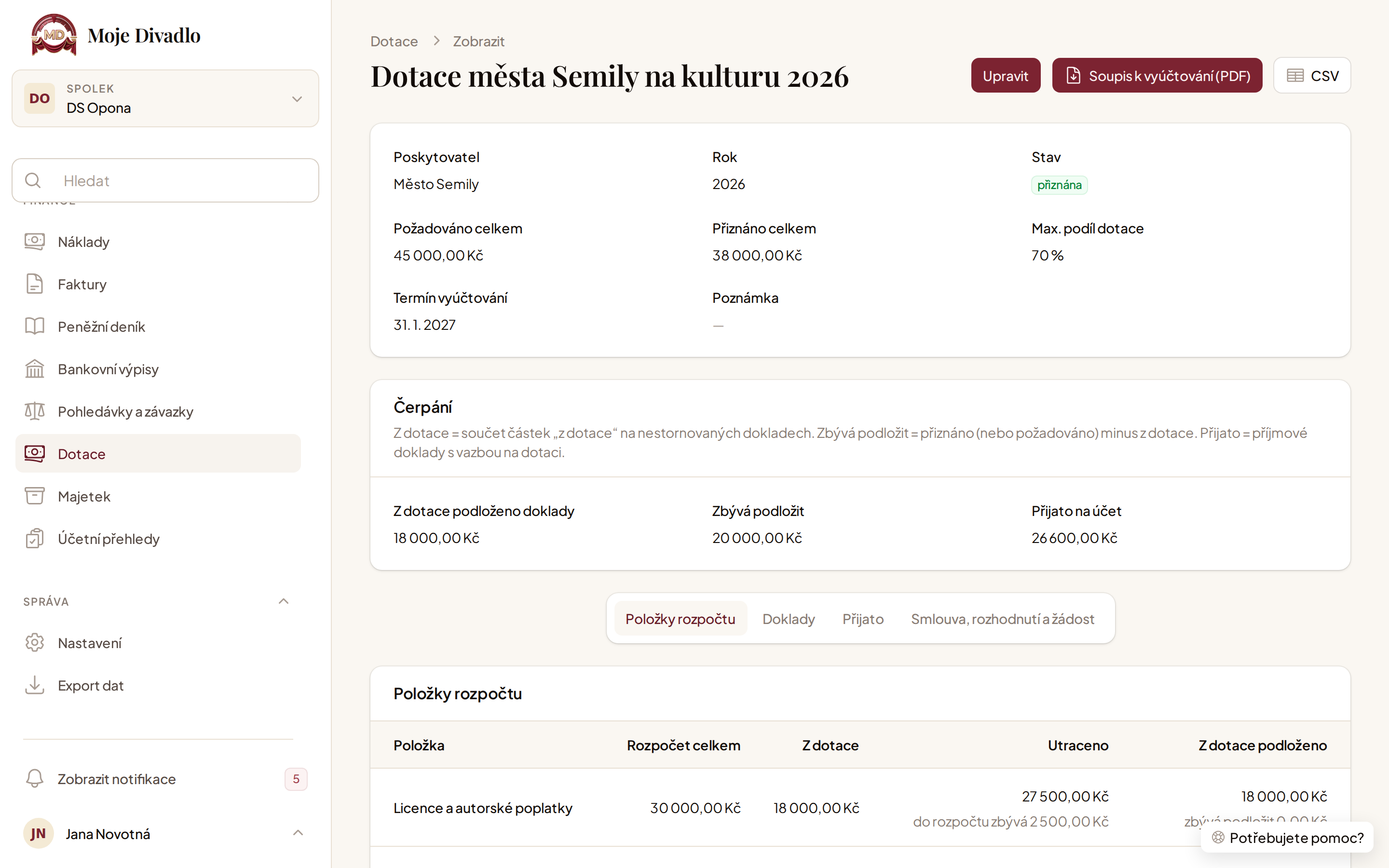 Detail dotace s čerpáním a záložkami Položky rozpočtu, Doklady a Přijato