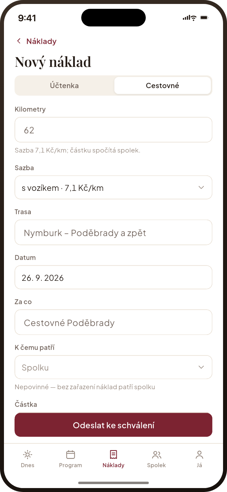 Formulář cestovného: kilometry, sazba, trasa, datum a za co