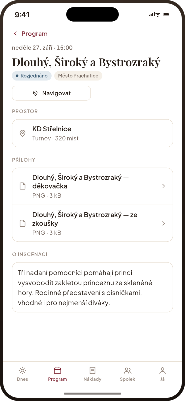 Detail představení s tlačítkem Navigovat, prostorem a přílohami