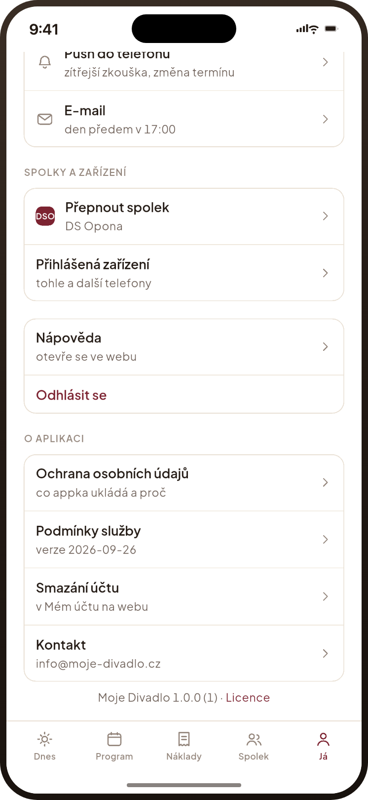 Spodní část záložky Já: Odhlásit se a sekce O aplikaci