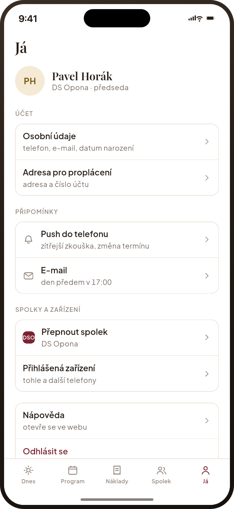 Záložka Já: osobní údaje, adresa pro proplacení, připomínky, přepnutí spolku a zařízení