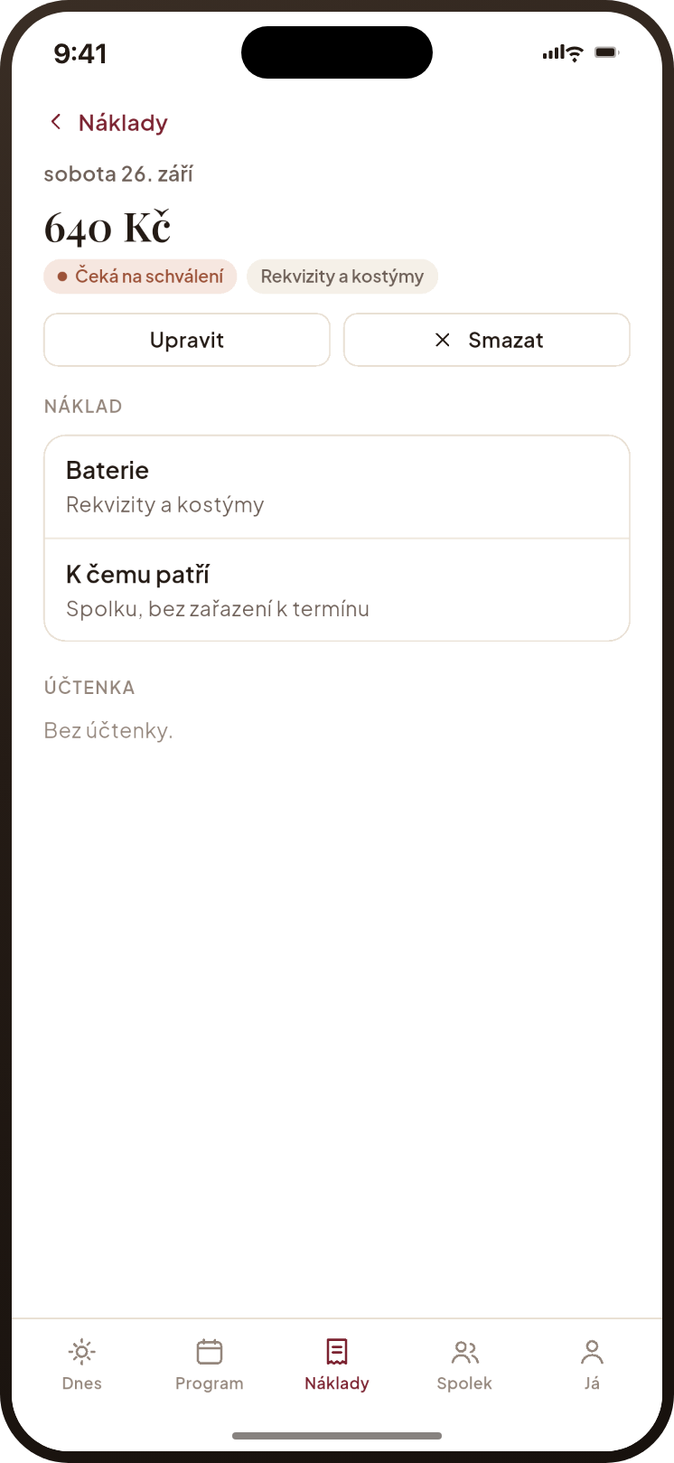 Detail nákladu čekajícího na schválení s tlačítky Upravit a Smazat