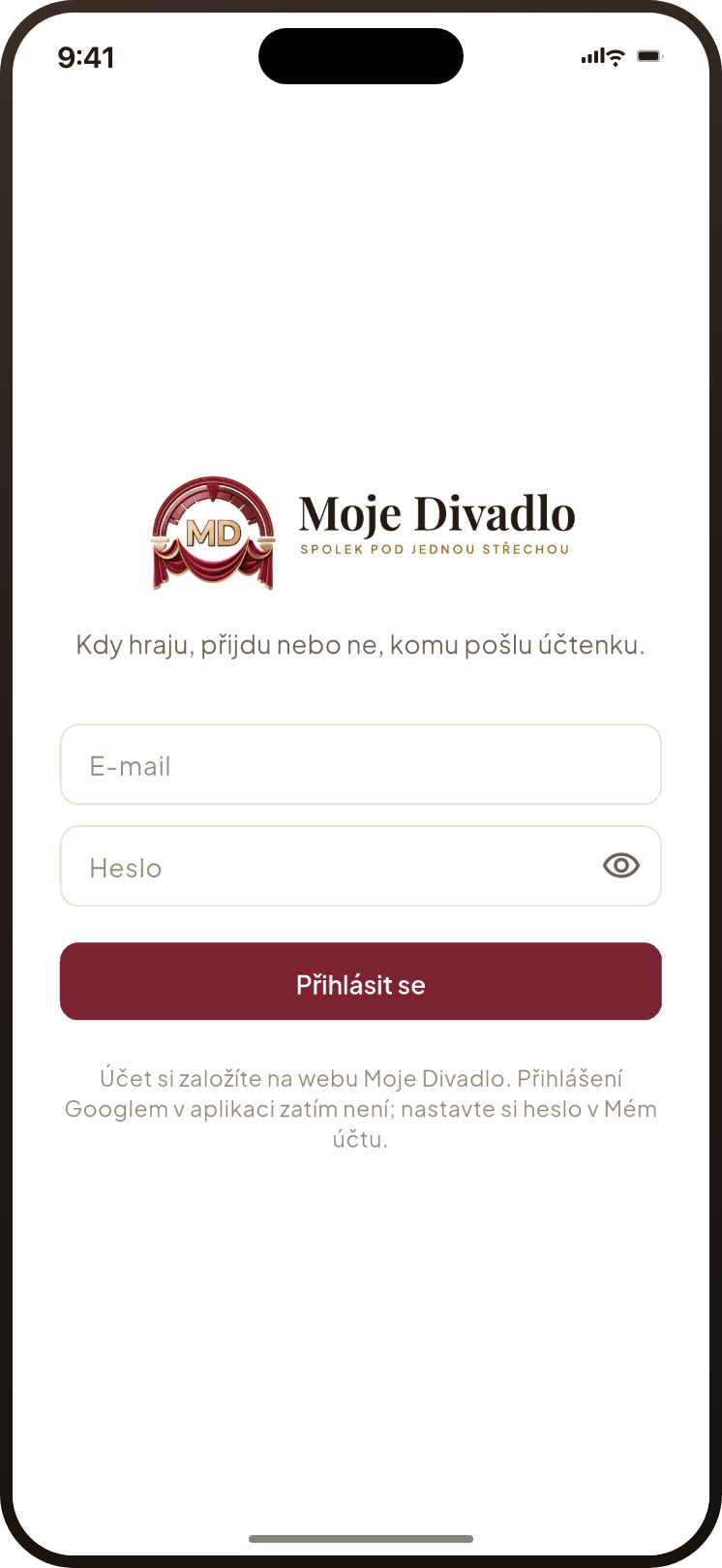 Přihlašovací obrazovka aplikace s polem E-mail, Heslo a tlačítkem Přihlásit se