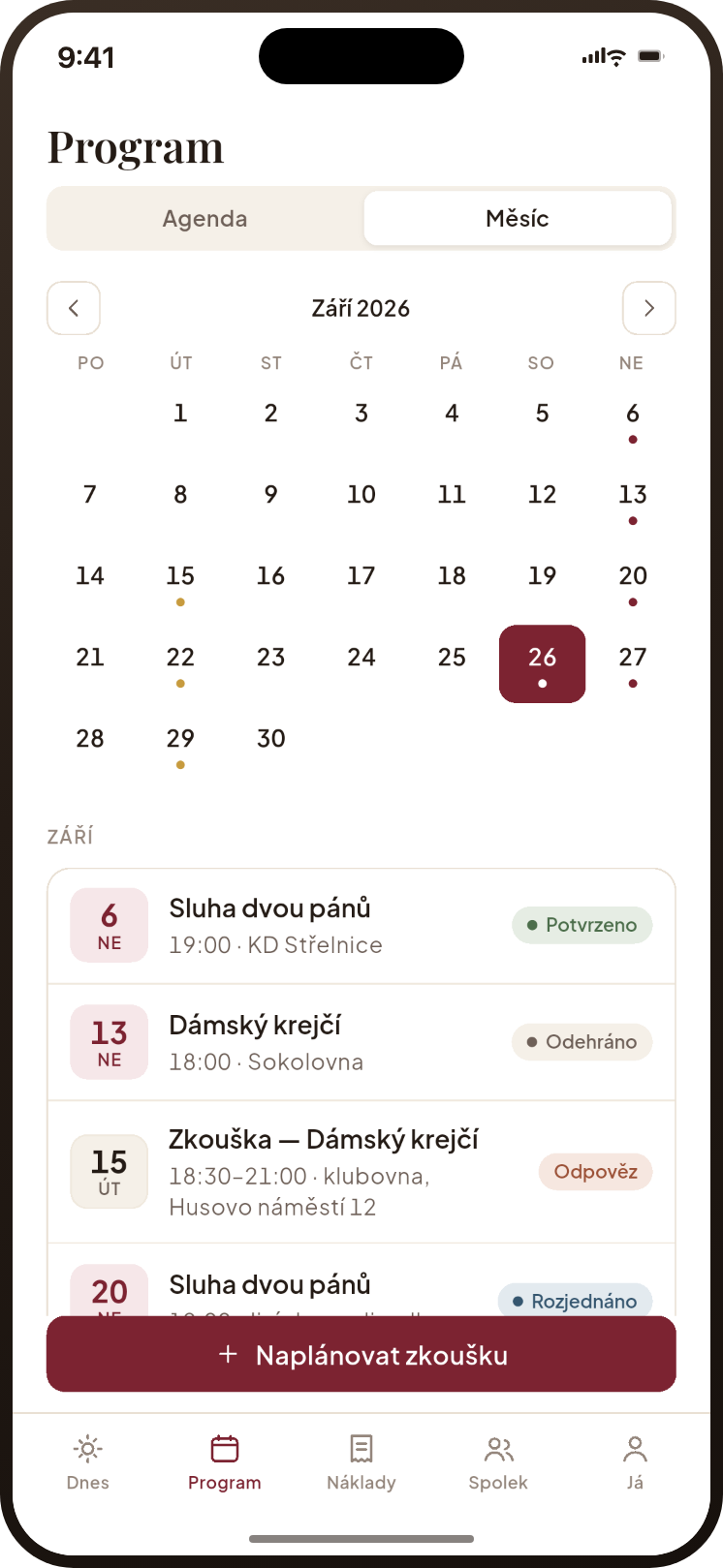 Program v podobě měsíčního kalendáře s tečkami u dnů, pod ním seznam termínů