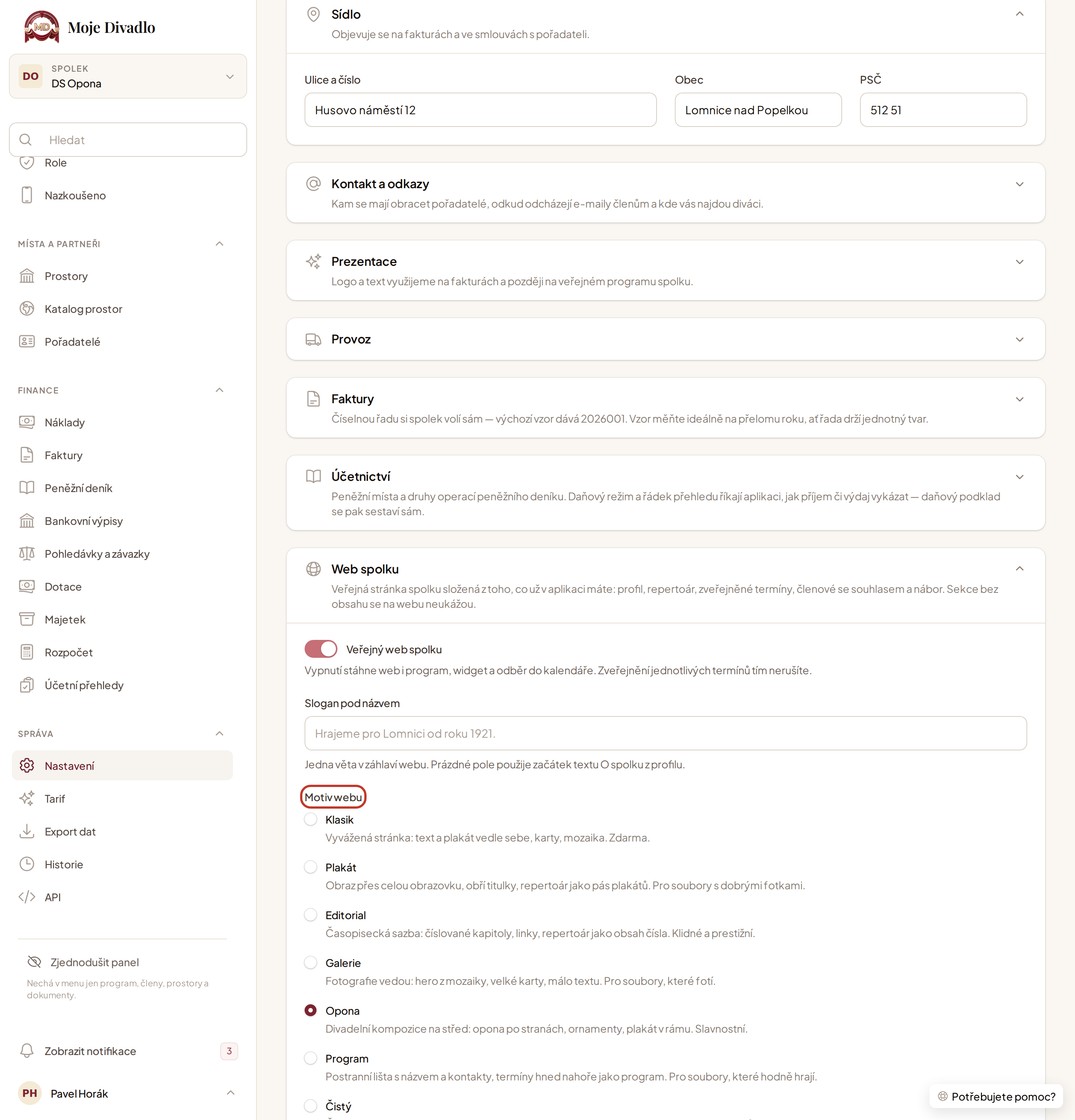 Sekce Web spolku v Nastavení