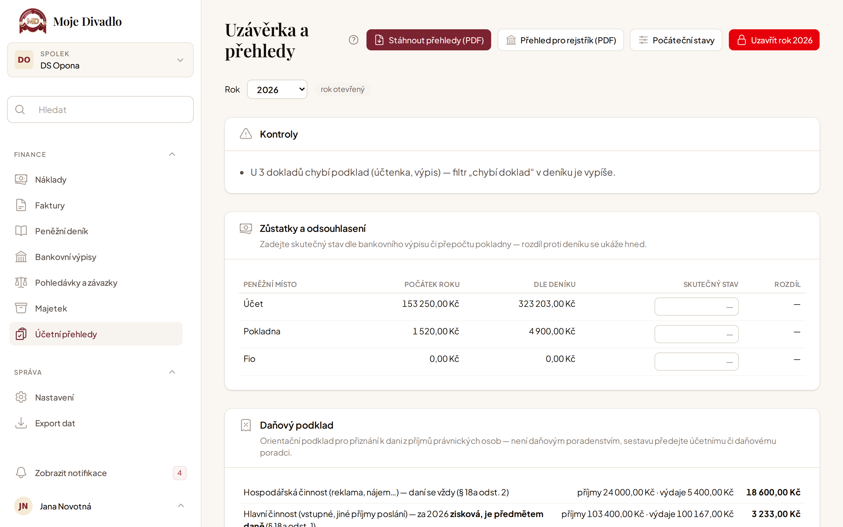 Stránka Účetní přehledy se zůstatky, uzávěrkou a PDF exporty