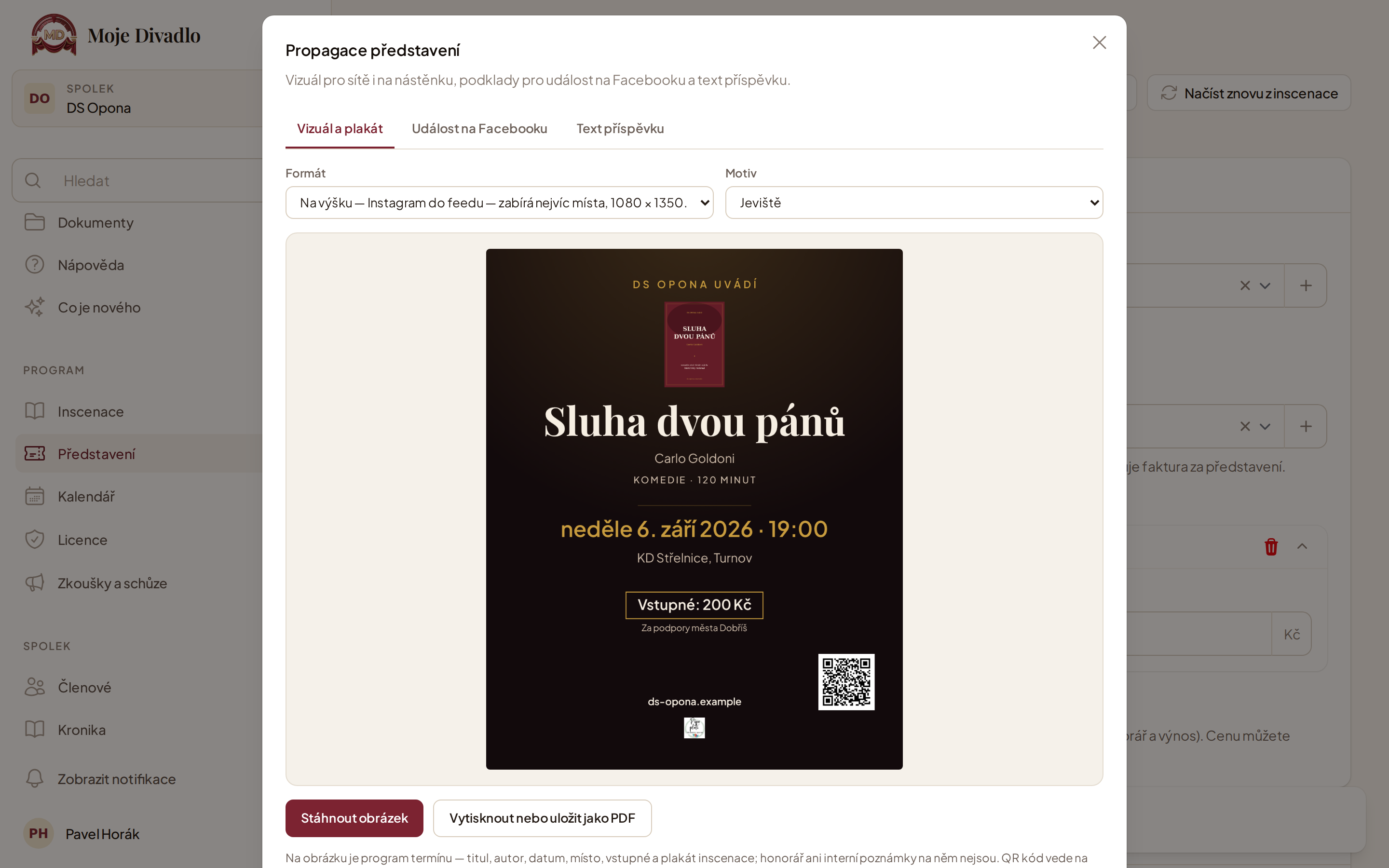 Modal Propagace představení s náhledem vizuálu