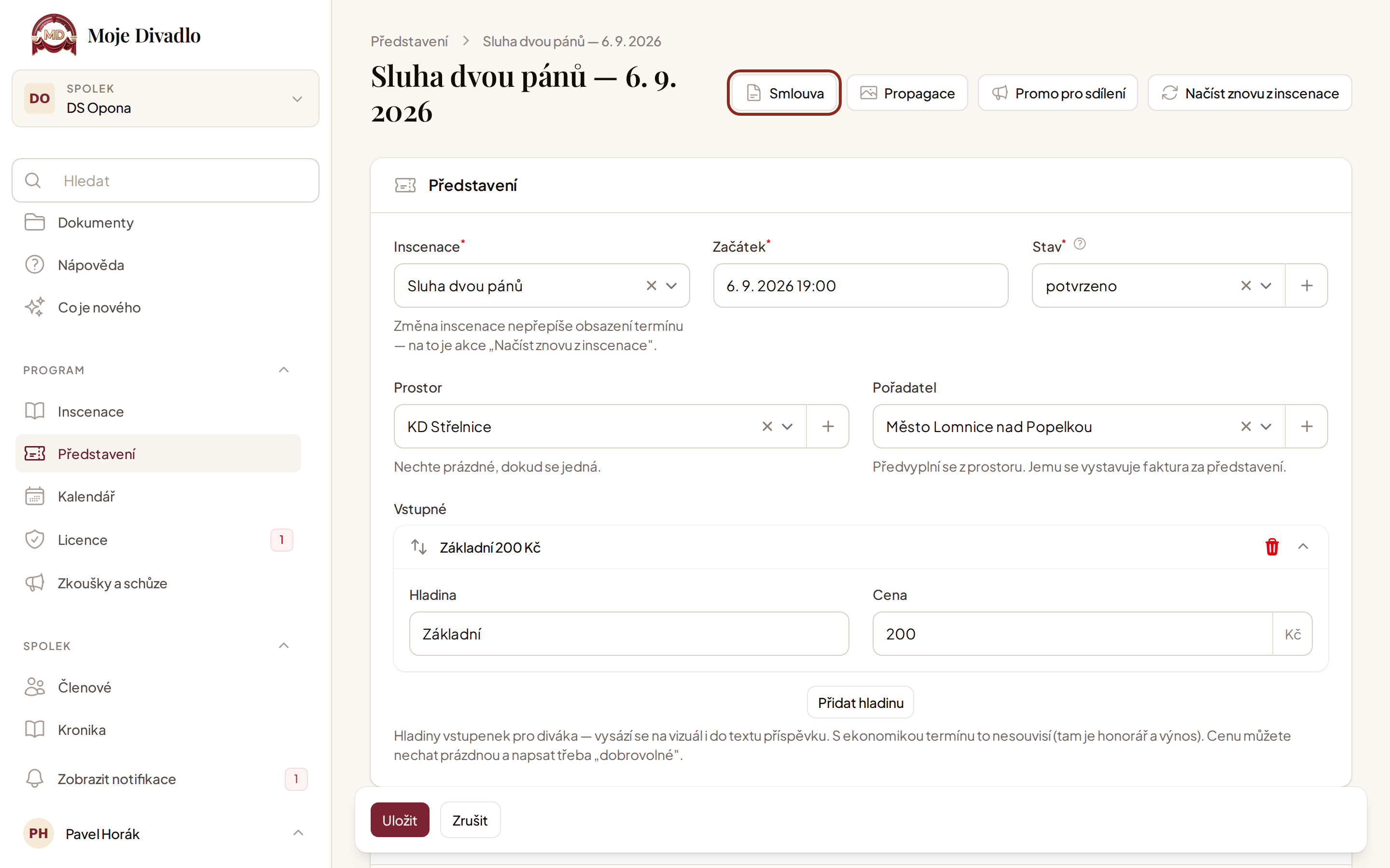 Detail termínu se zvýrazněným tlačítkem Smlouva