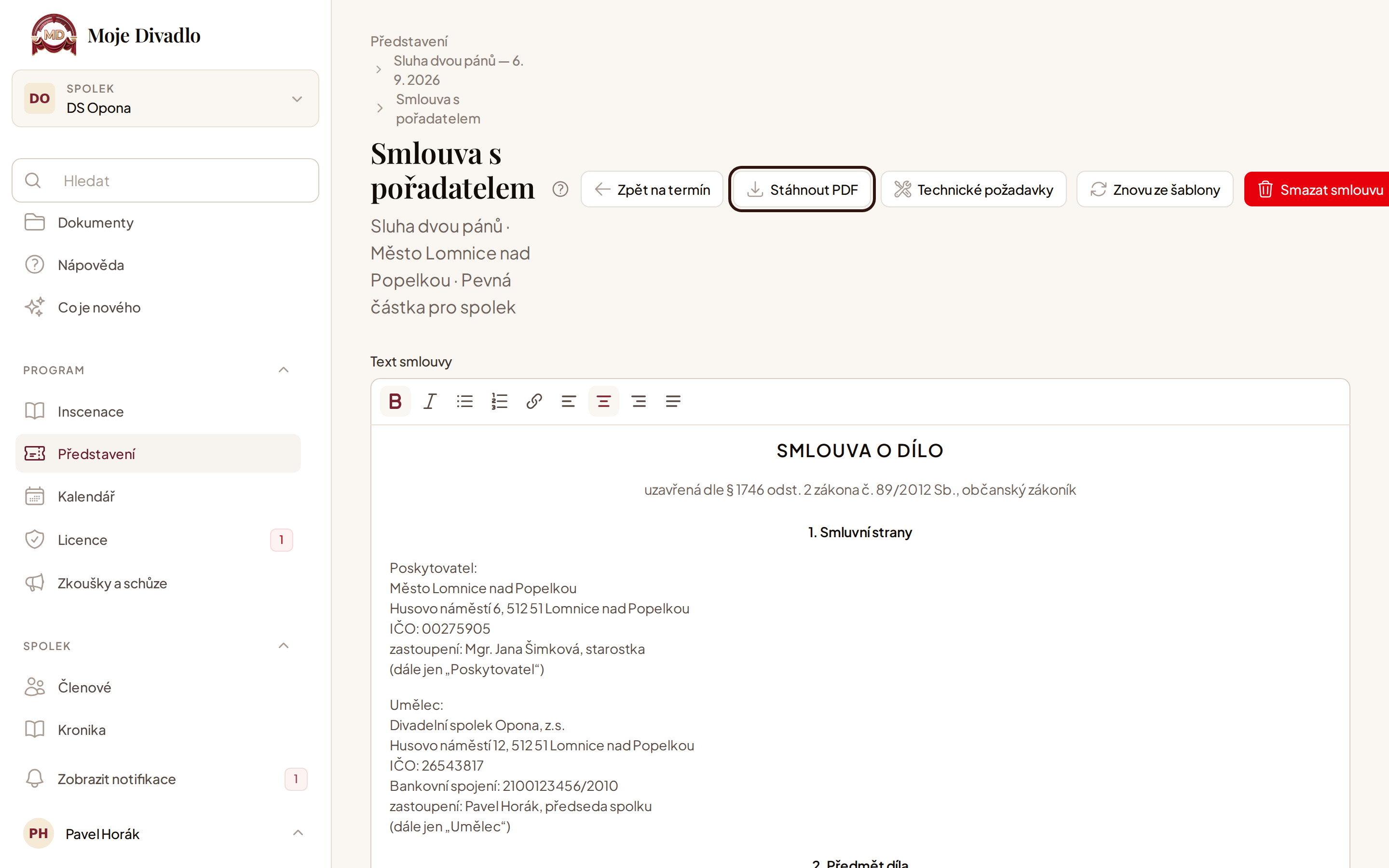Editor smlouvy s tlačítky Stáhnout PDF a Technické požadavky