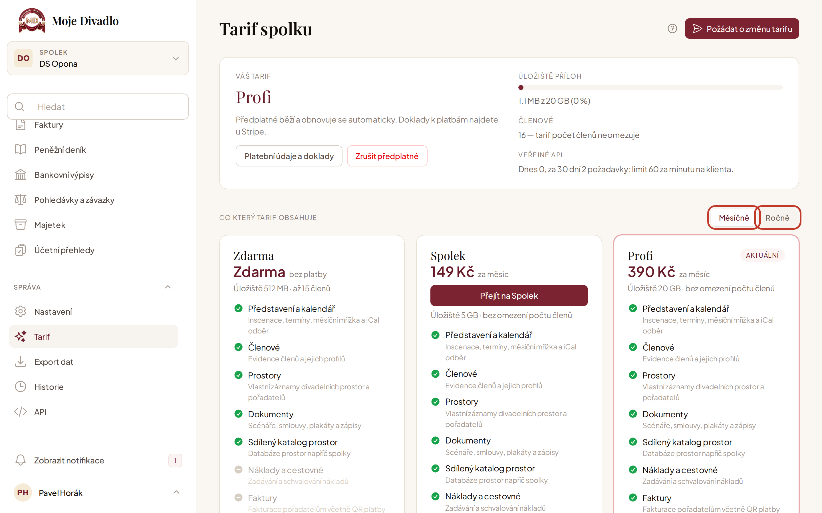 Stránka Tarif: dnešní tarif, čerpání úložiště a srovnání tarifů se zvýrazněným přepínačem Měsíčně / Ročně